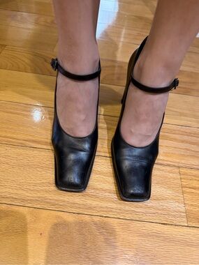 Black Square-Toe Mary Jane Heels with Ankle Strap